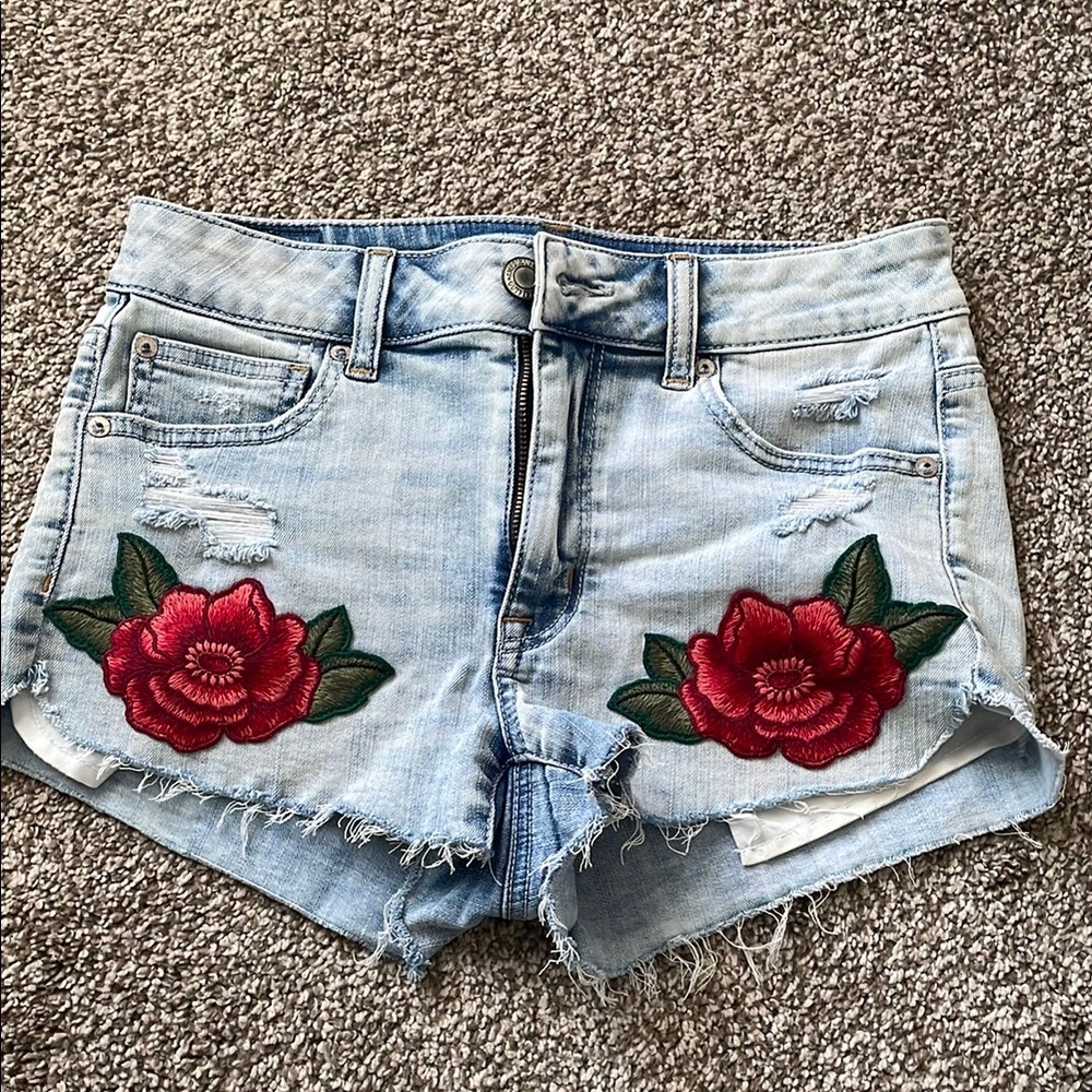 Embroidered Denim Shorts with Red Floral Design